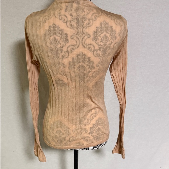 Vince Women’s Rib Cotton Long Sleeve Funnel Neck Sheer Top Color Tawny Peach NWT - Picture 5 of 14